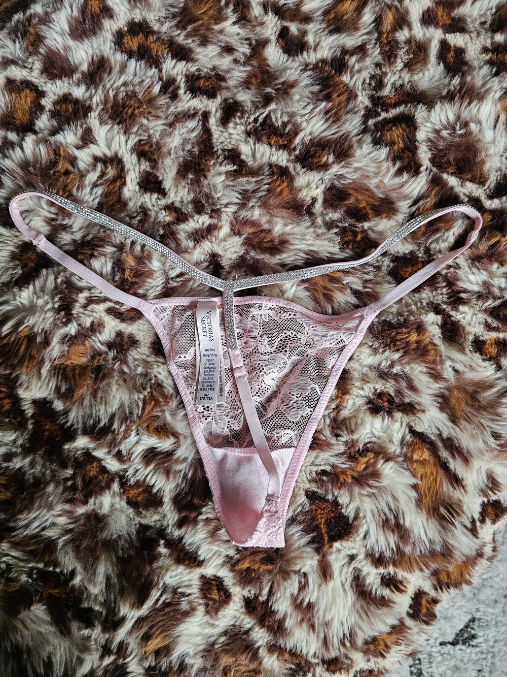 Victoria's Secret Light Pink Lace Thong with Rhinestone Straps